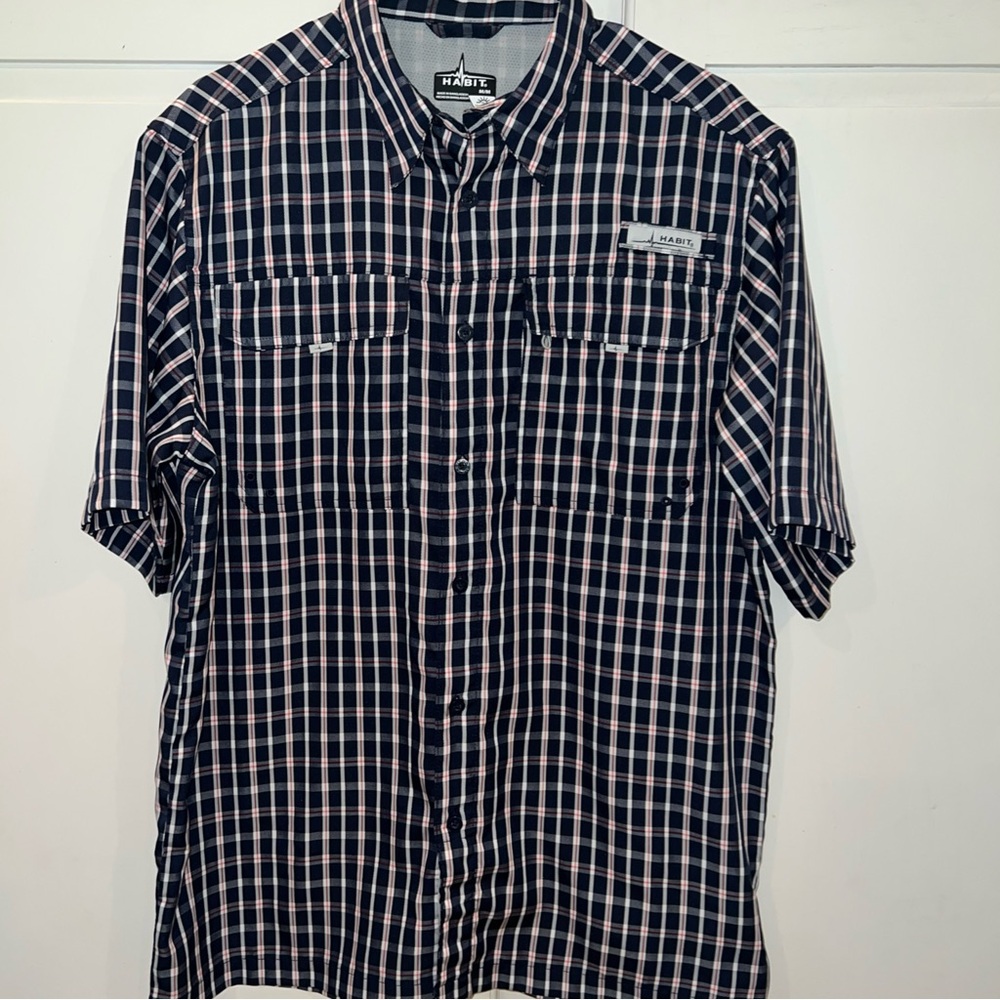 Habit Men's River‎ Guide Fishing Shirt Navy Plaid Medium Short Sleeve Vented